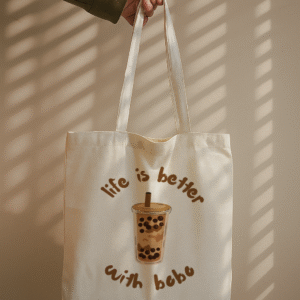 White canvas tote bag with 'Life is Better with Bobo' design