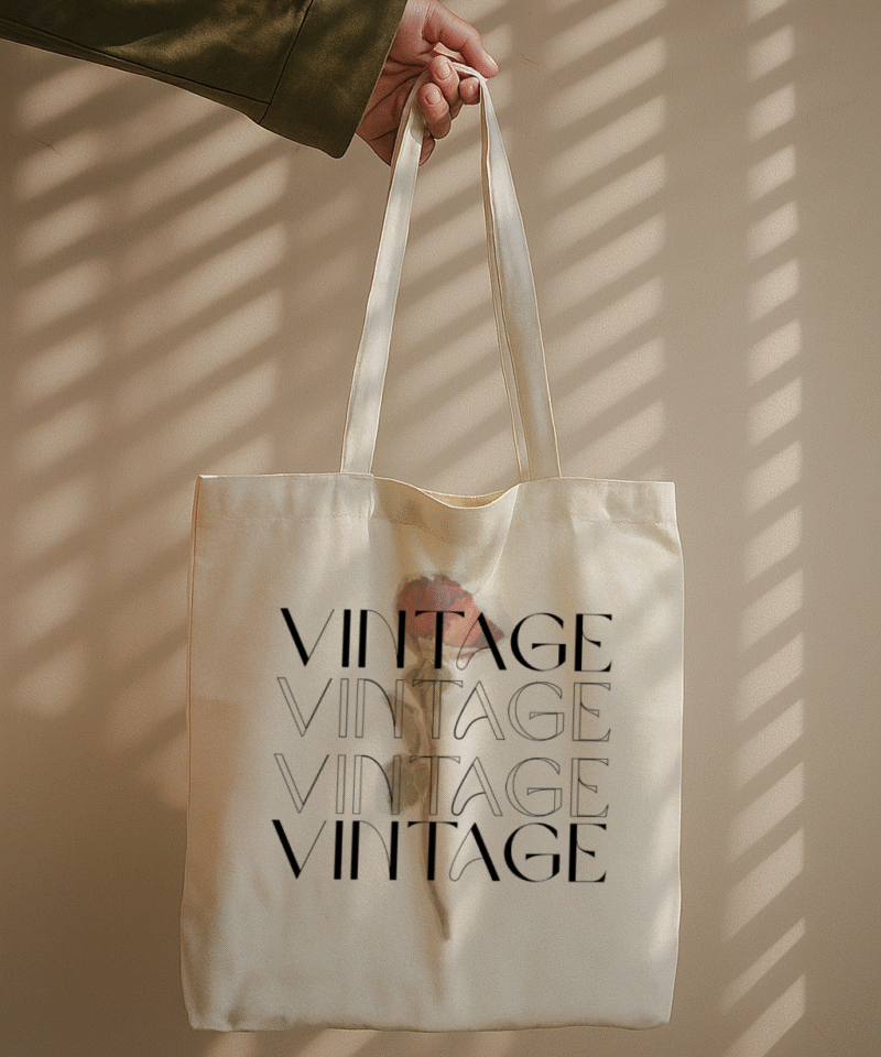 Vintage Charm Tote Bag with Repeated Vintage Text and Dried Flower Design