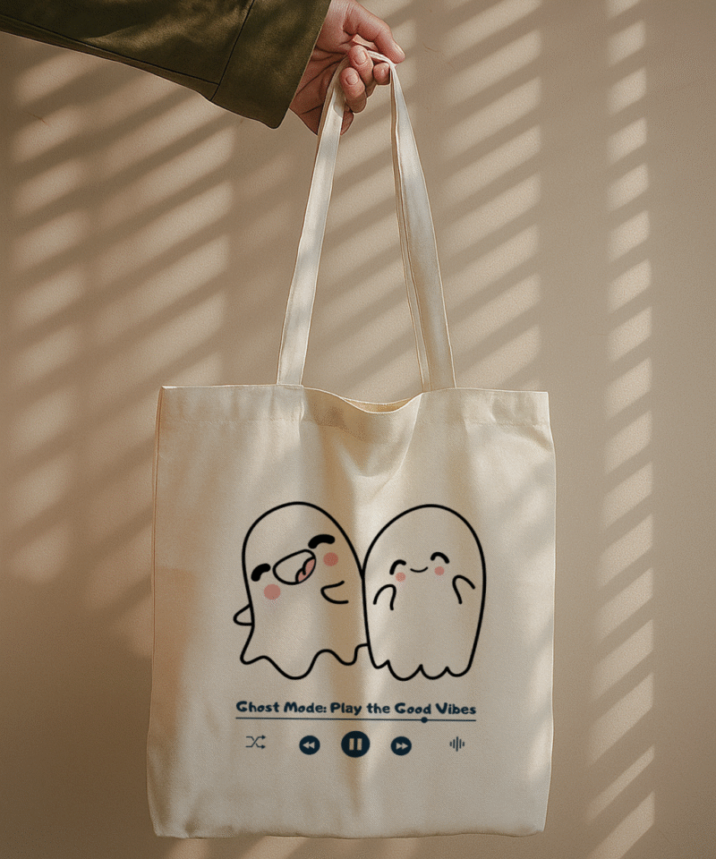 White cotton tote bag with two cute ghosts and “Play the Good Vibes” text
