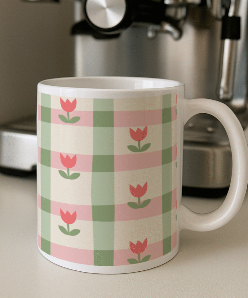 Ceramic mug with pastel checkered tulip design
