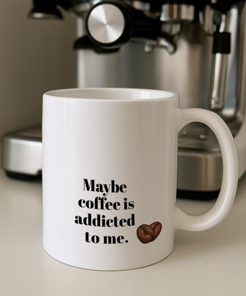 Ceramic mug with “Maybe Coffee Is Addicted To Me” text design