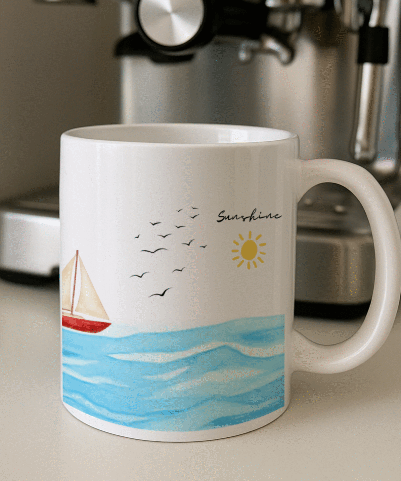 Ceramic mug with boat and sea design under sunshine text