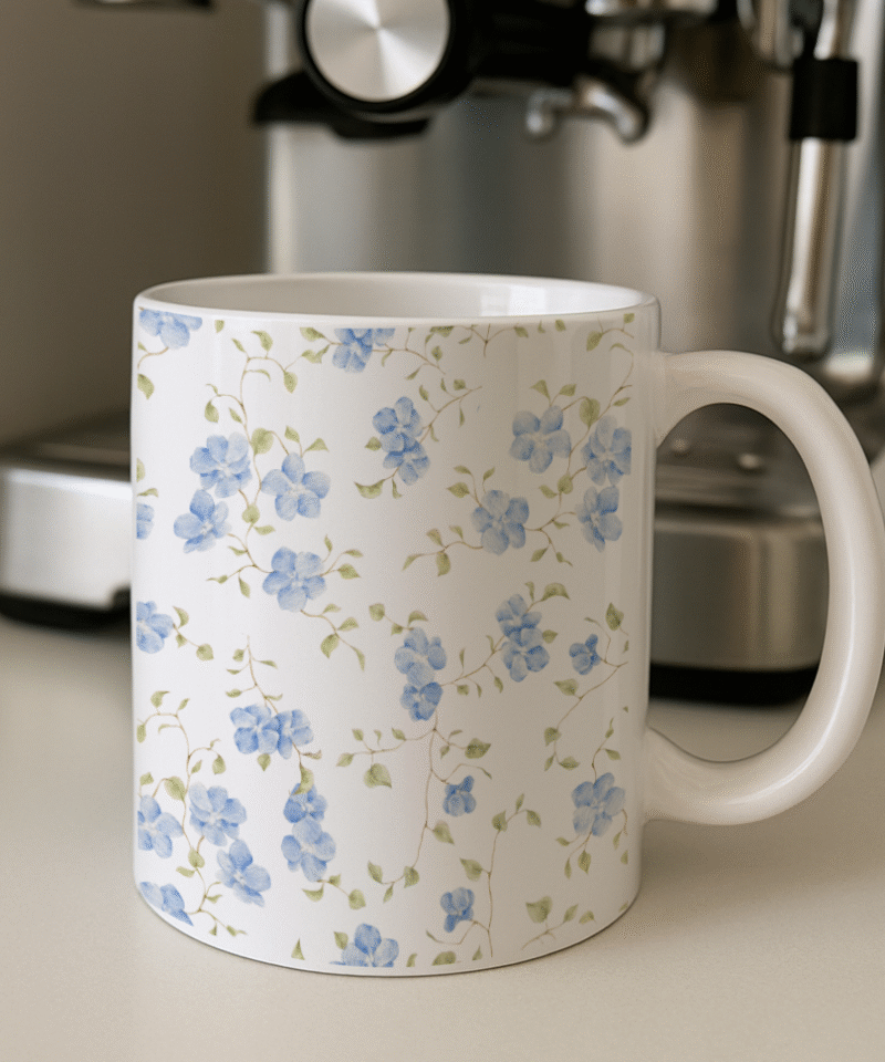 White ceramic mug with blue floral design