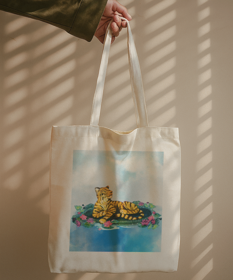 Tiger Serenity tote bag featuring a peaceful tiger among lotus flowers