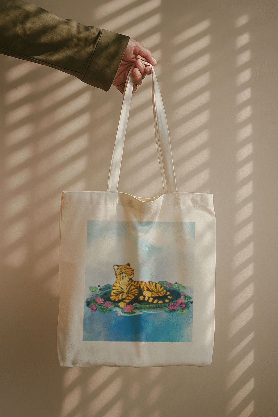Tiger Serenity tote bag featuring a peaceful tiger among lotus flowers