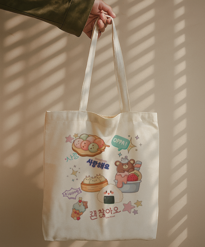 Kawaii Vibes tote bag with Korean-inspired collage and pastel doodles