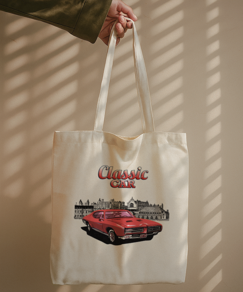Classic Retro Car Tote Bag with red vintage car and city background