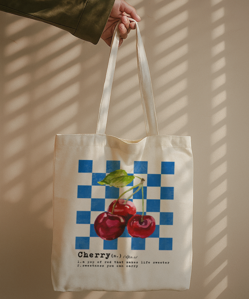 Cherry Pop Tote Bag with retro checkered background