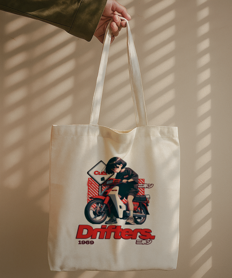 The Drifters Club 1969 tote bag with Japanese text design