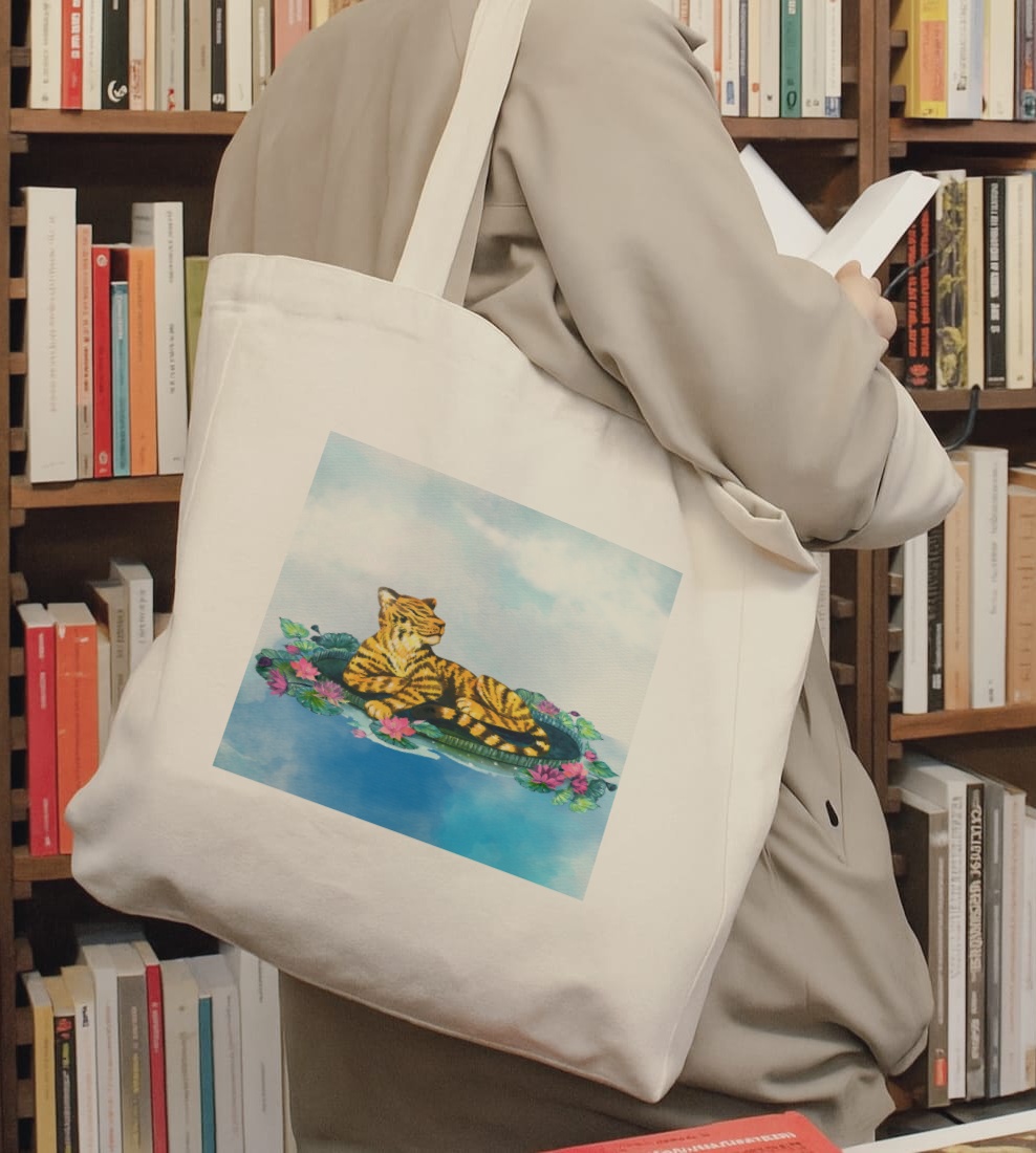 Tiger Serenity tote bag featuring a peaceful tiger among lotus flowers