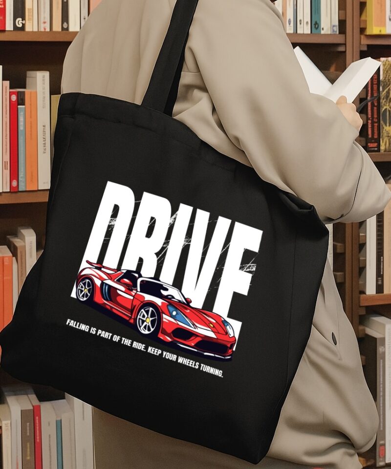 Black tote bag with sports car and motivational quote