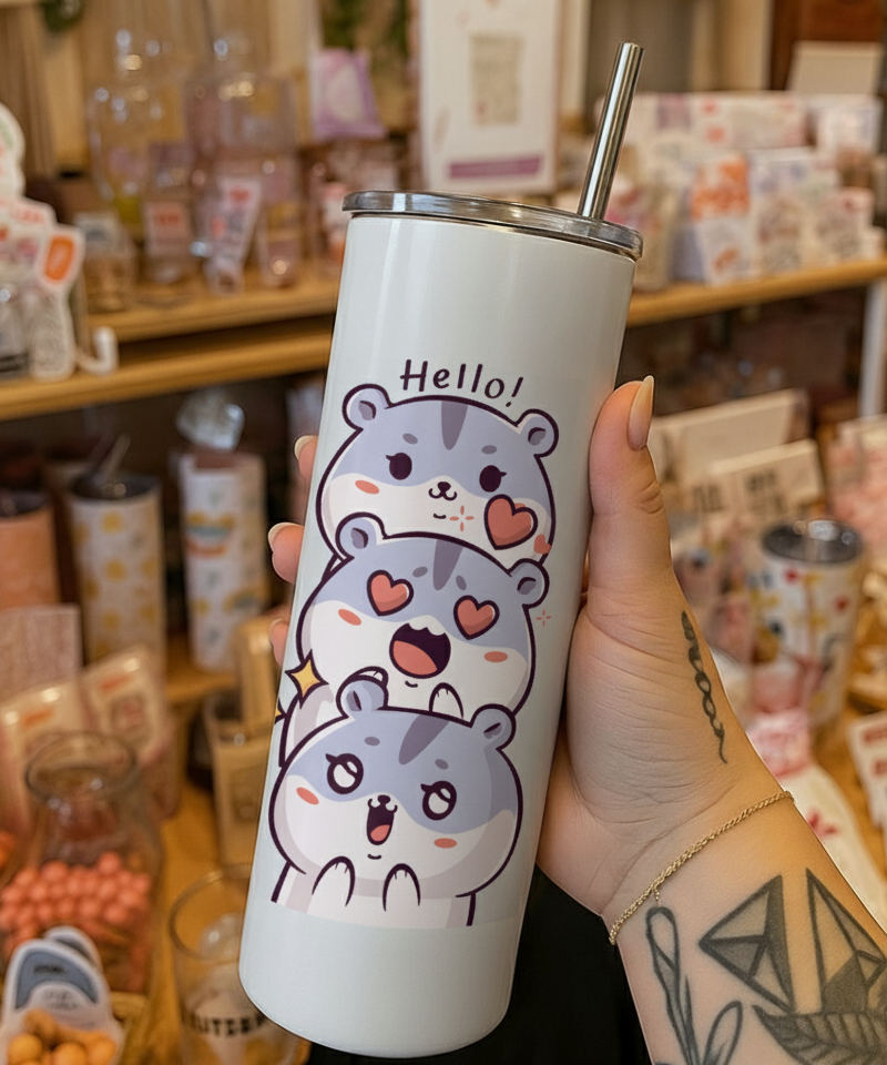 Chibi Hello Tumbler with stacked kawaii hamsters on a white glossy surface