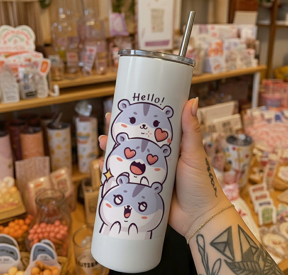 Chibi Hello Tumbler with stacked kawaii hamsters on a white glossy surface