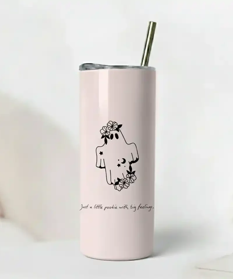 Blush pink glossy tumbler with cute ghost line art, floral accents, and “Just a little pookie with big feelings” quote