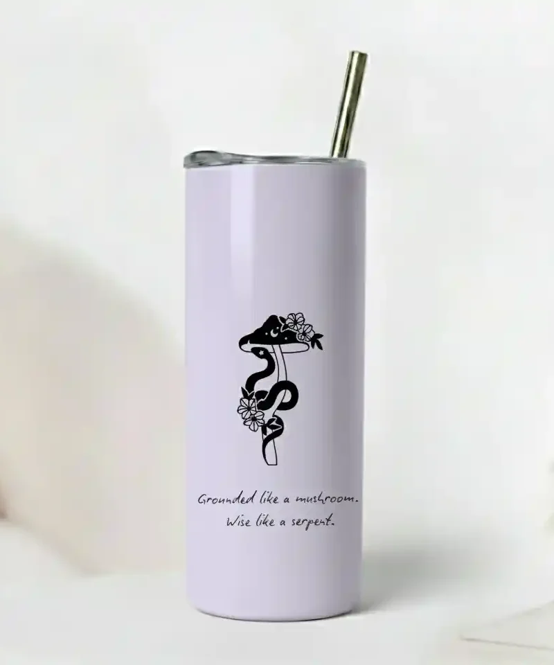 Glossy lilac tumbler with mushroom and serpent illustration and nature-inspired quote