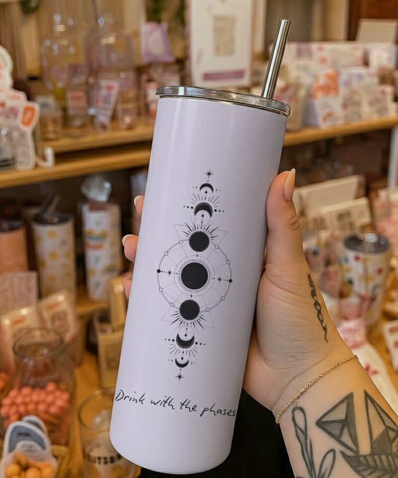 Celestial Moon Phases Tumbler with vertical moon phases design and stars on a pale lavender glossy surface