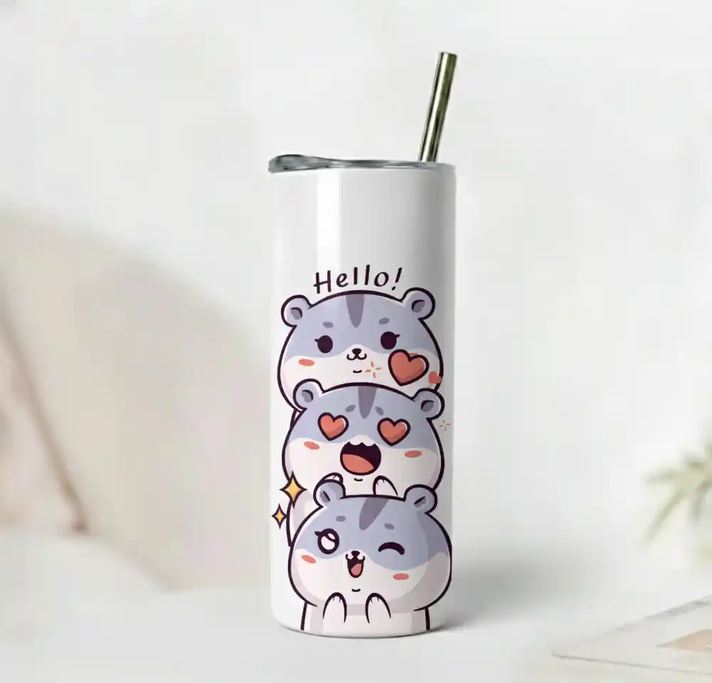 Chibi Hello Tumbler with three stacked kawaii hamsters on a white glossy surface, featuring a cheerful and cute design with fresh condensation