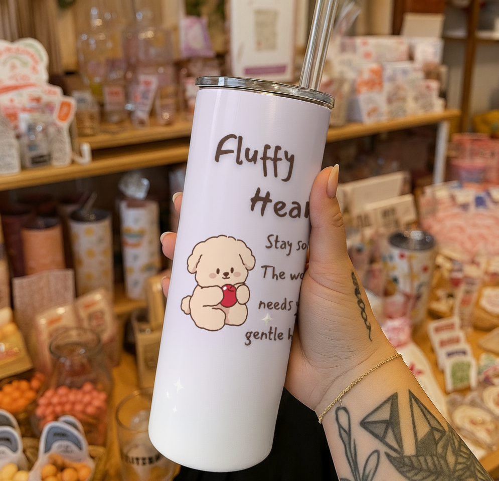 Fluffy Heart Tumbler with a cute cartoon dog holding a red heart on a pale lavender glossy surface with uplifting quote