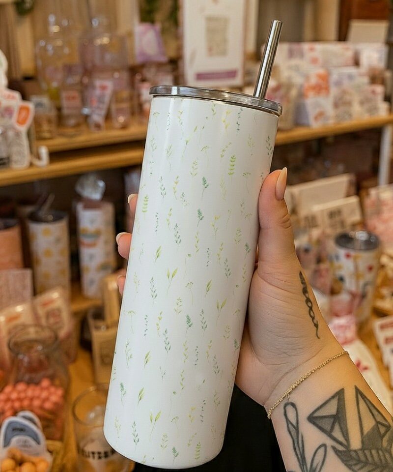 Whimsical Botanical Tumbler with delicate green leaves, wildflowers, and sprigs on a white glossy surface