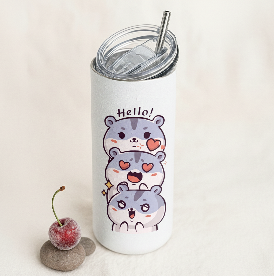 Chibi Hello Tumbler with stacked kawaii hamsters on a white glossy surface