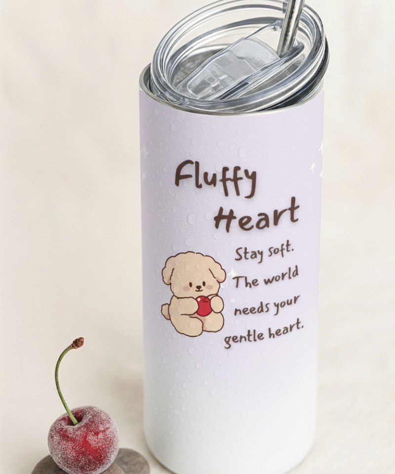 Fluffy Heart Tumbler with a cute cartoon dog holding a red heart on a pale lavender glossy surface with uplifting quote