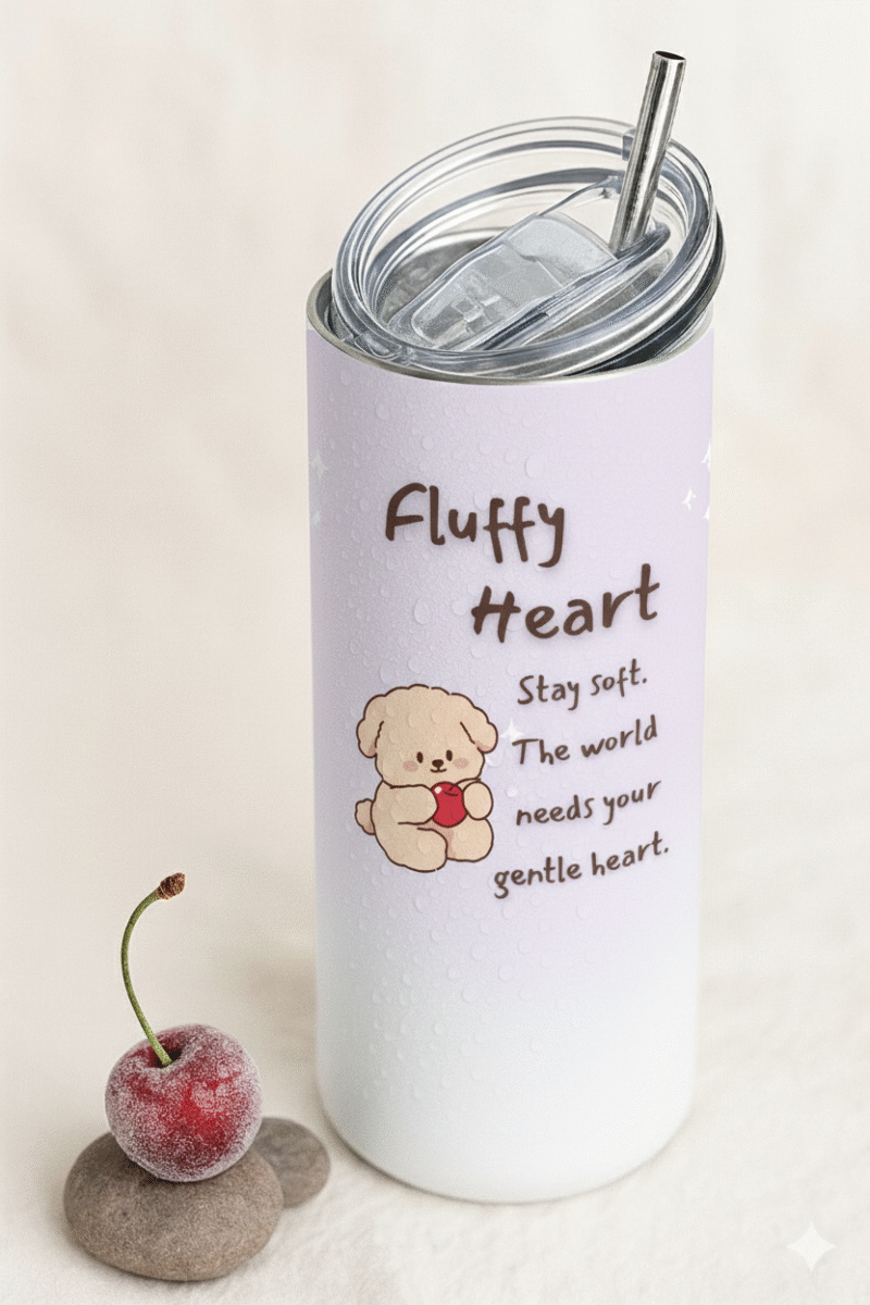 Fluffy Heart Tumbler with a cute cartoon dog holding a red heart on a pale lavender glossy surface with uplifting quote