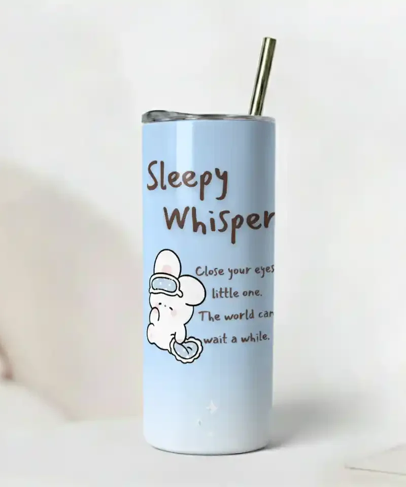 Sleepy Whispers Tumbler with a cute sleepy cartoon mouse on a pale blue ombré glossy surface and calming quote