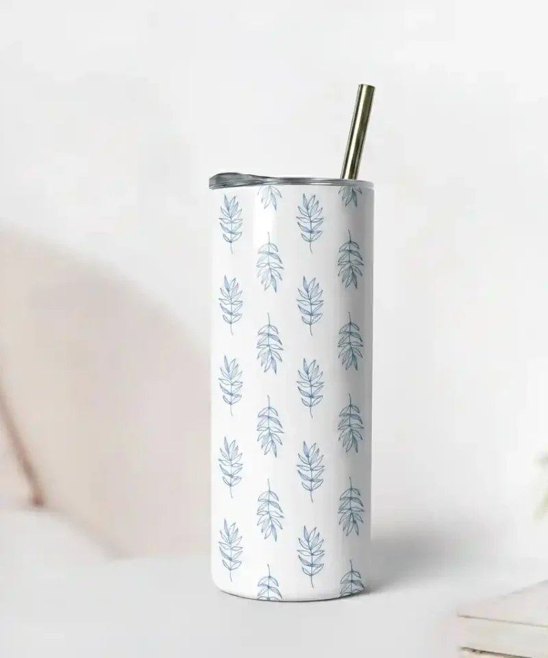Serene Leaf Pattern Tumbler with delicate hand-drawn blue leaves on a white glossy surface, featuring fresh condensation, minimalist and calming design