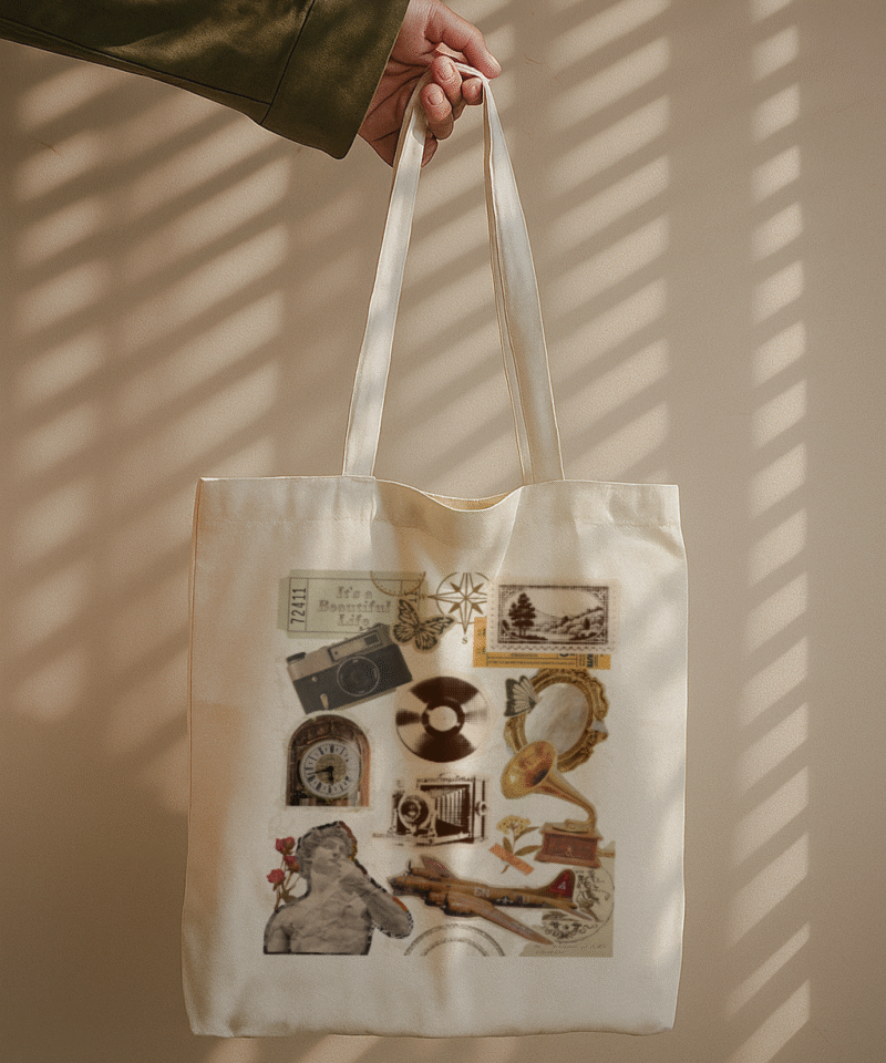 Vintage-style tote bag with scrapbook collage design