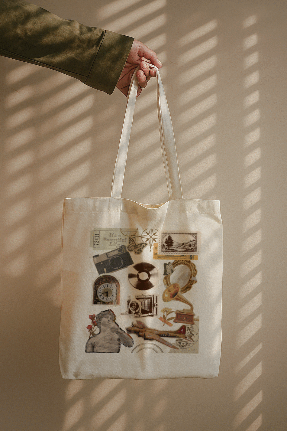 Vintage-style tote bag with scrapbook collage design