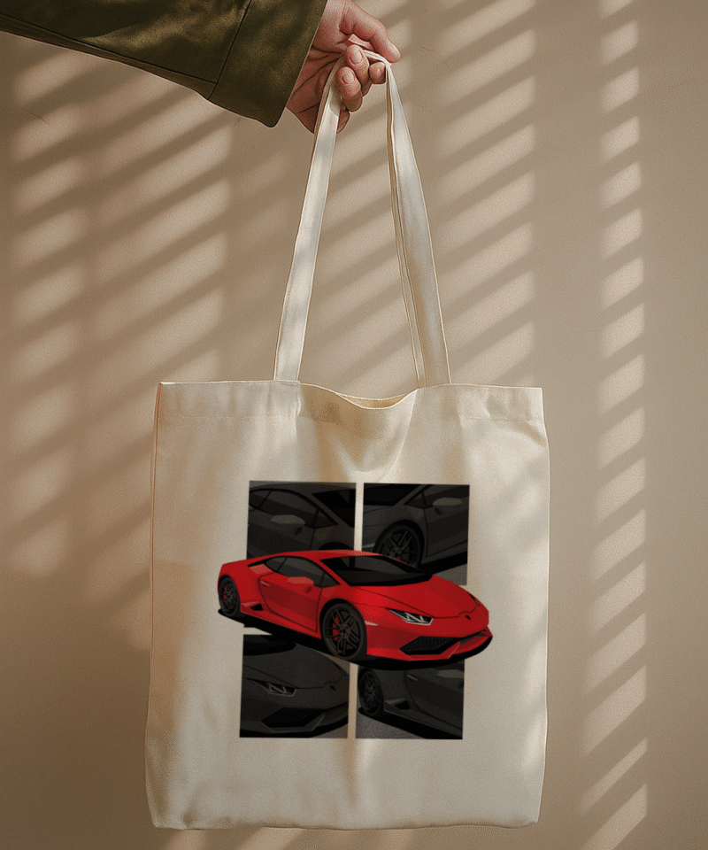 Tote bag with red sports car and grayscale background collage