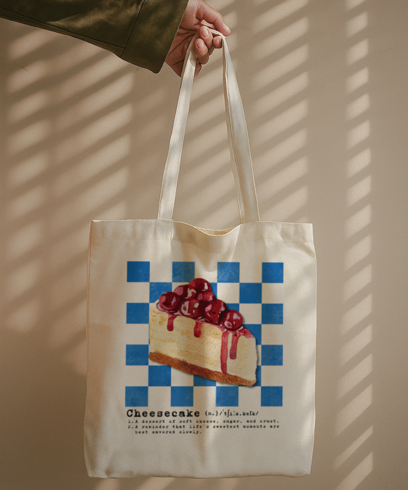 Retro blue checkered tote bag with cheesecake slice and dictionary-style text
