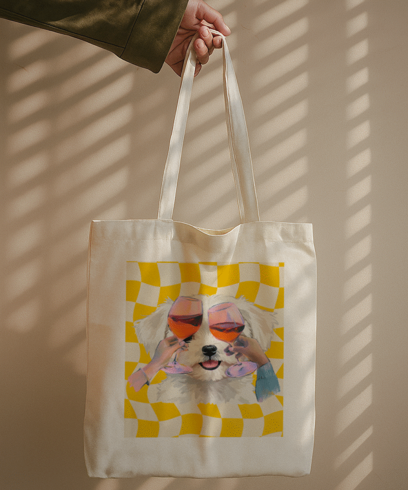 Cute tote bag featuring a white dog raising wine glasses in a retro checkered background