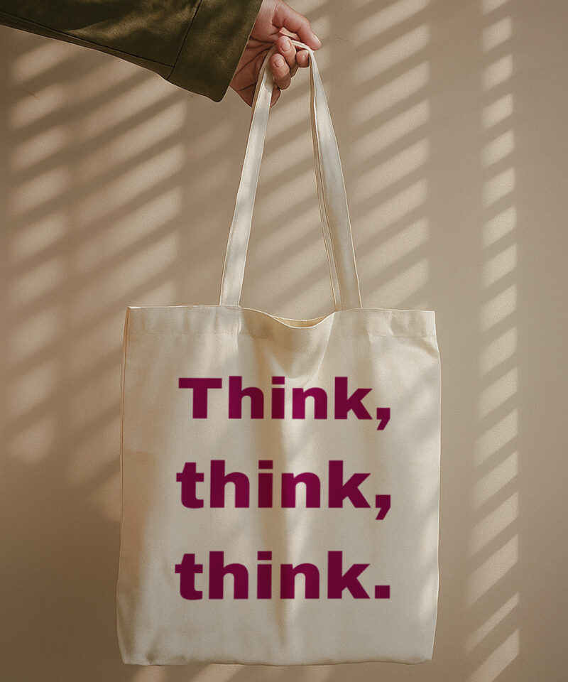 Minimal tote bag with repeated “THINK THINK THINK” typography