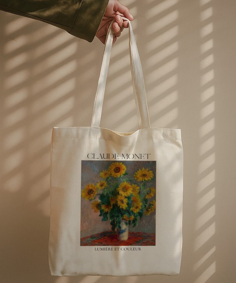 This design is a classic, high-art poster graphic centered around an iconic Impressionist painting. Subject: The central image is a high-quality reproduction of Claude Monet's famous sunflower painting (likely Vase of Sunflowers from 1881). Art Style: The painting exemplifies Impressionism, characterized by thick, visible brushstrokes (impasto), a focus on the effects of light and color, and an emphasis on spontaneous moments. The yellows, greens, and reds are vibrant yet soft. Layout: The painting is framed with a wide, light grey or off-white border, giving it an upscale, gallery or museum shop aesthetic. Typography: The top features the artist's name, "CLAUDE MONET," in a tall, elegant, serif font (perhaps a transitional or modern style). The bottom features the phrase, "LUMIÈRE ET COULEUR" (French for "Light and Color"), which perfectly summarizes the Impressionist movement and Monet's work. This text uses the same elegant typeface. Overall Vibe: The design is artistic, educational, sophisticated, and vibrant, making it appealing to art lovers, Francophiles, and those who appreciate classical beauty.