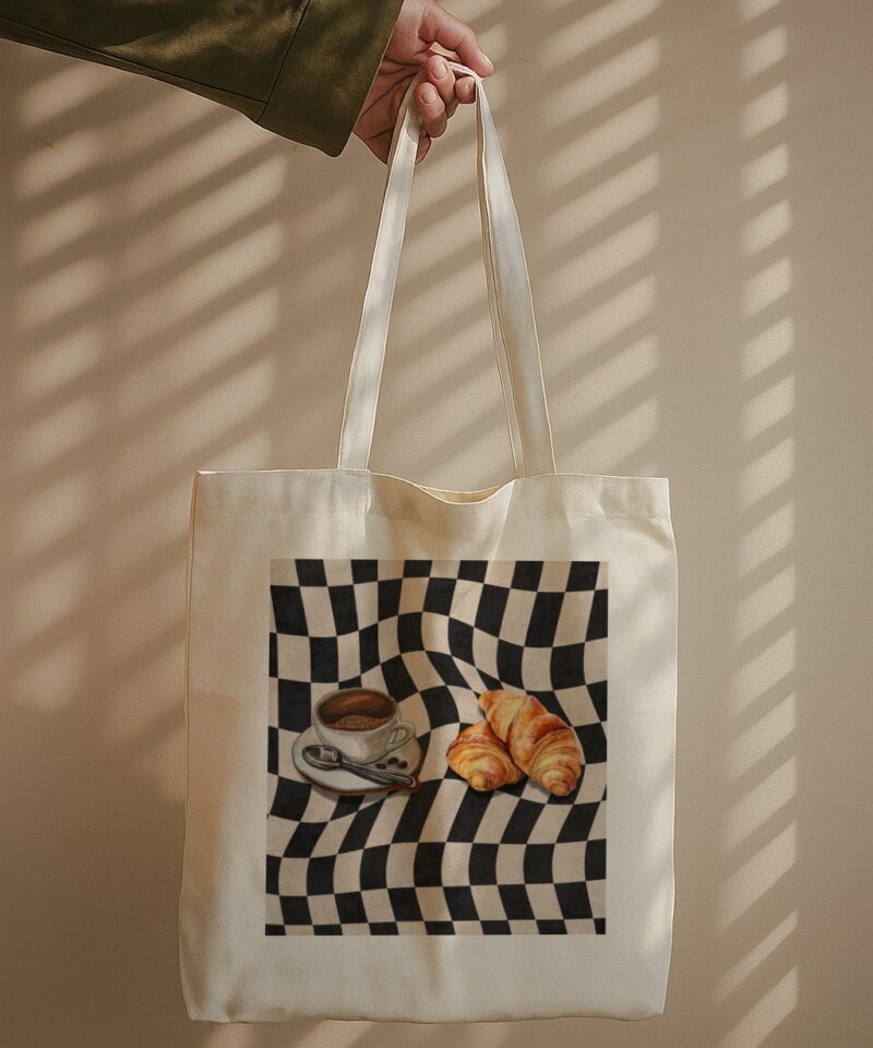 Tote bag featuring a retro café scene with coffee and croissants on a wavy checkered background.