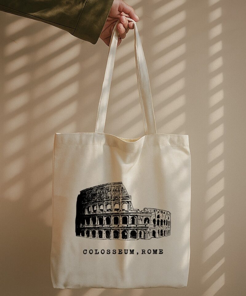 Tote bag featuring a bold black illustration of the Colosseum with “COLOSSEUM, ROME” text below.
