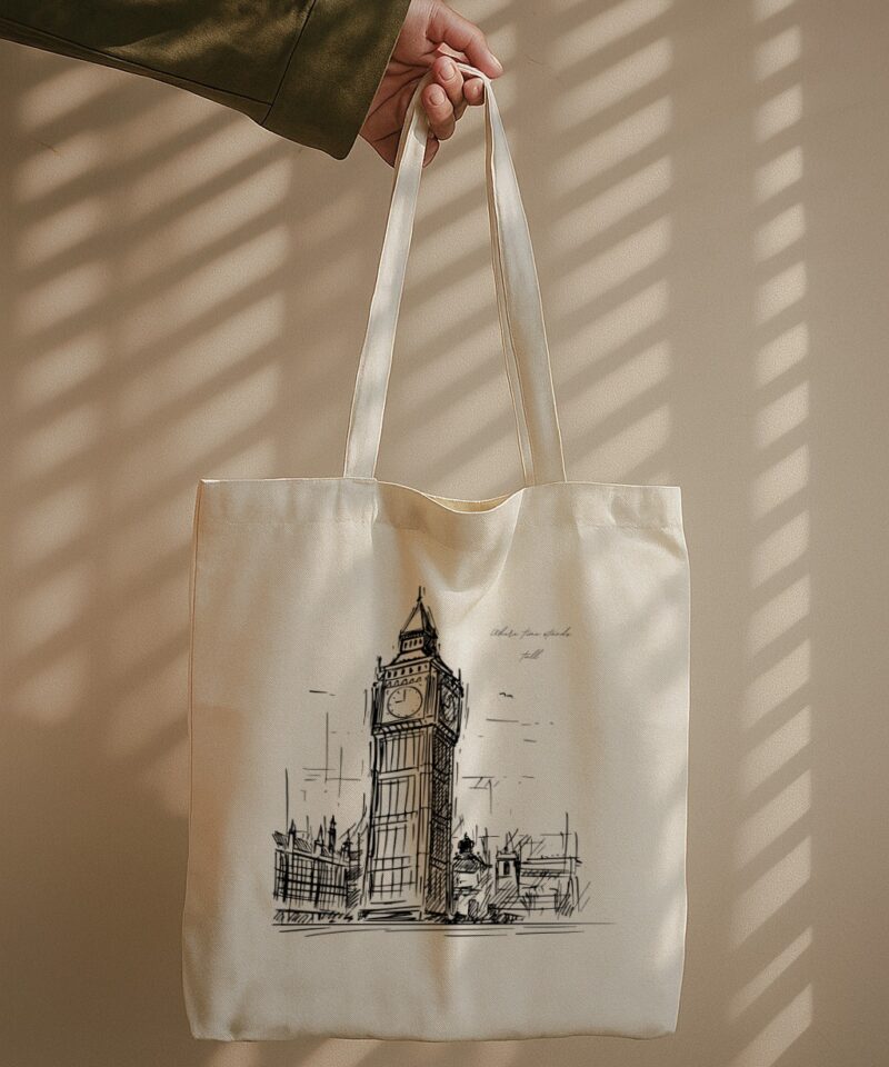 Tote bag featuring an artistic sketch of Big Ben with the quote “where time stands tall.”