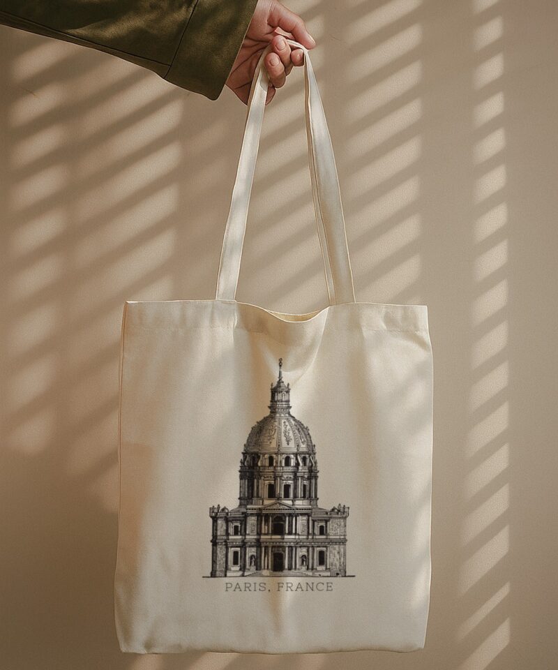 Tote bag with a detailed vintage sketch of a Parisian dome and text “PARIS. FRANCE.”