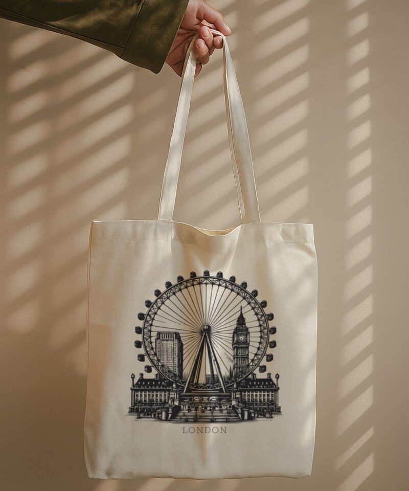 Tote bag featuring a black-and-white sketch of London’s skyline with London Eye, Big Ben, and Palace of Westminster.