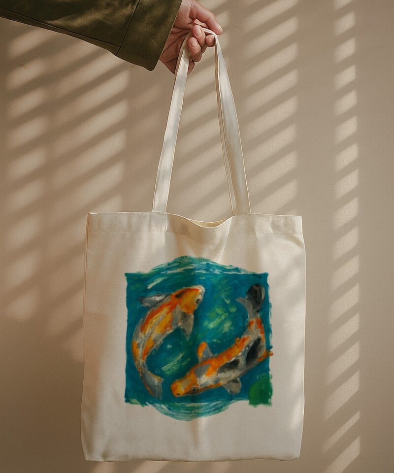 White cotton tote featuring a vibrant painted design of two Koi fish swimming in a swirling pond.