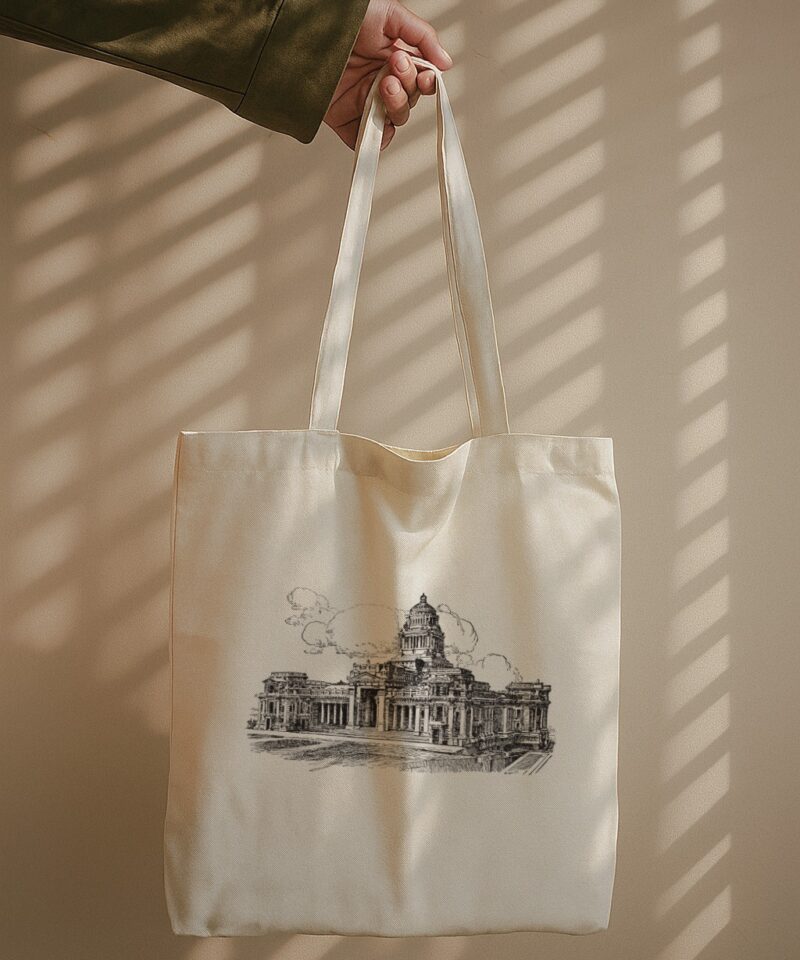 Tote bag with a detailed black-and-white sketch of the Palace of Justice in Brussels, featuring dome and classical columns.