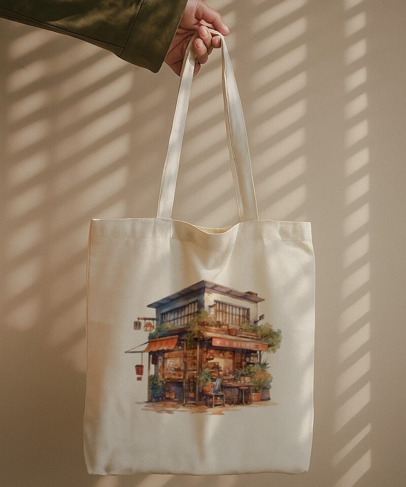 Tote bag with a watercolor illustration of a cozy, multi-story European shop building.
