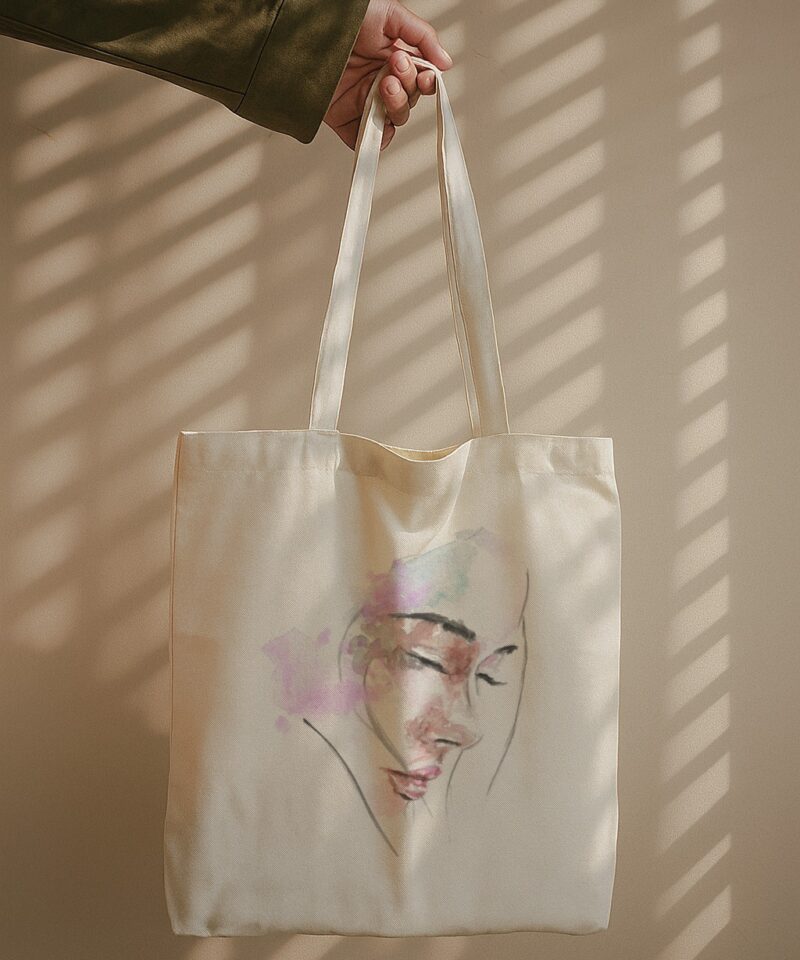 Tote bag featuring a watercolor-style sketch of a serene abstract face in soft pink, lavender, and green tones.