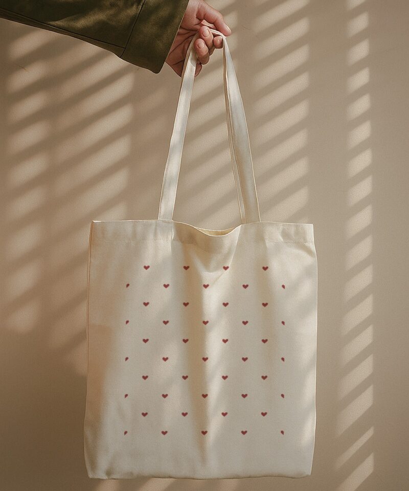 cotton tote with repeating maroon heart pattern arranged in a grid layout.