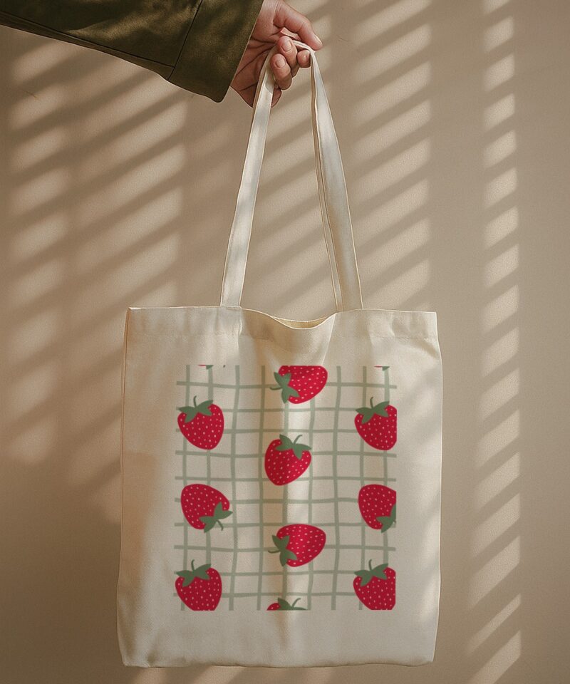 Tote bag featuring bright red strawberries over a sage green grid pattern on natural canvas.