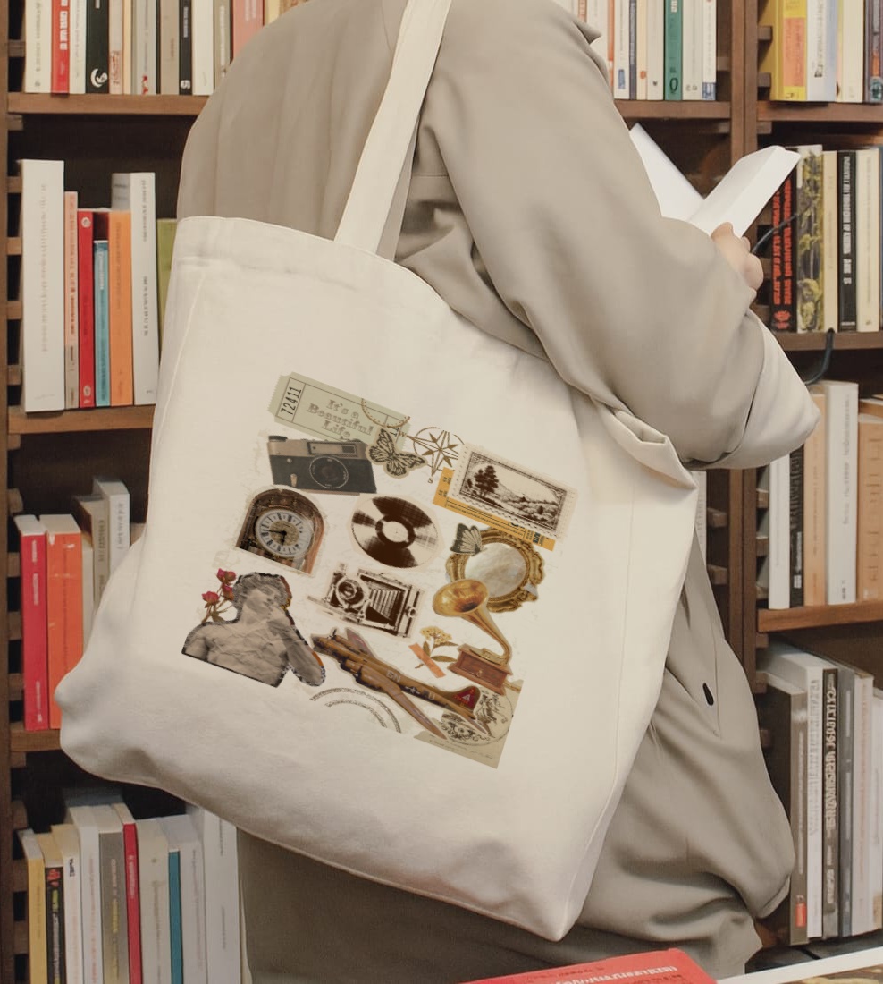 Vintage-style tote bag with scrapbook collage design