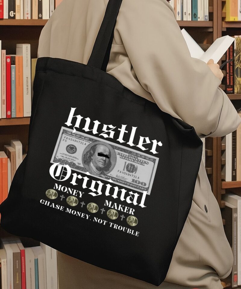 Hustler Original Tote Bag with dollar-inspired artwork