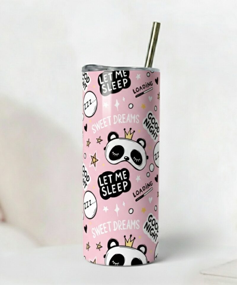 Light pink tumbler with cute panda faces wearing sleep masks, crowns, and playful “Sweet Dreams” text