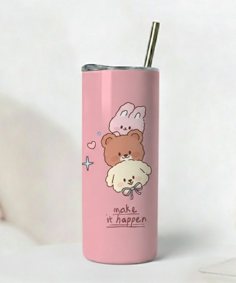 Pink tumbler with stacked bunny, bear, and fluffy dog with heart and star accents